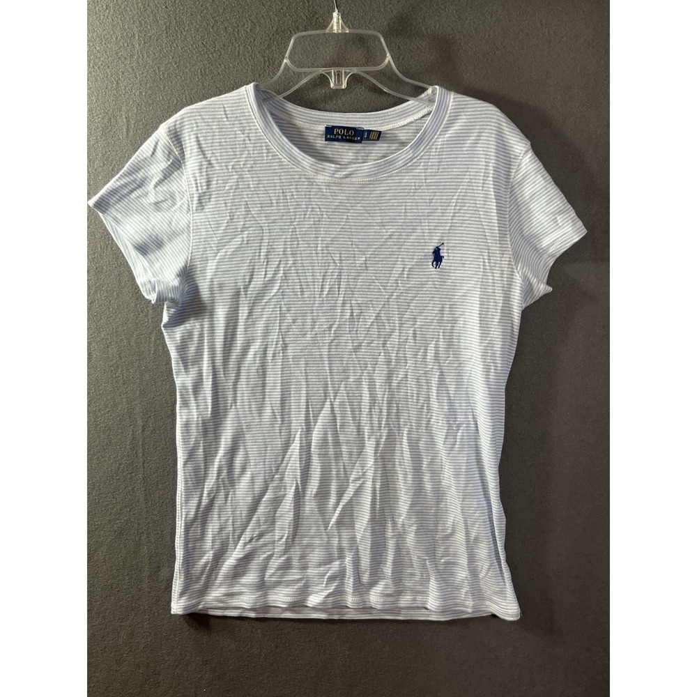 Ralph Lauren Polo Girls Blue Cotton T-Shirt L  Logo Casual Stripes Scoop Neck
